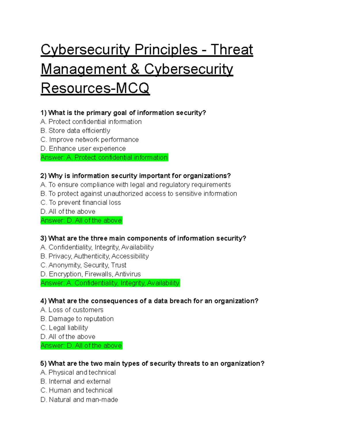 Introduction To Security - MCQ - Cybersecurity Principles - Threat ...