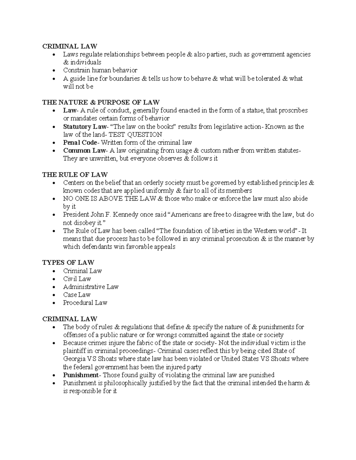 CRJU 1101- Test 2 Notes - CRIMINAL LAW • Laws Regulate Relationships ...