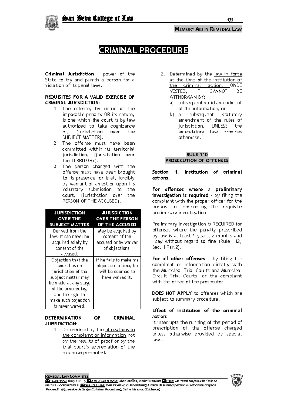 Crim Pro Memory Aid San Beda - MEMORY AID IN REMEDIAL LAW REMEDIAL LAW ...