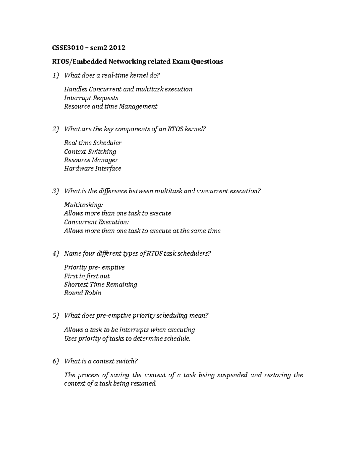 EXAM Practice Questions CSSE3010 sem2 2012 RTOS/Embedded Networking