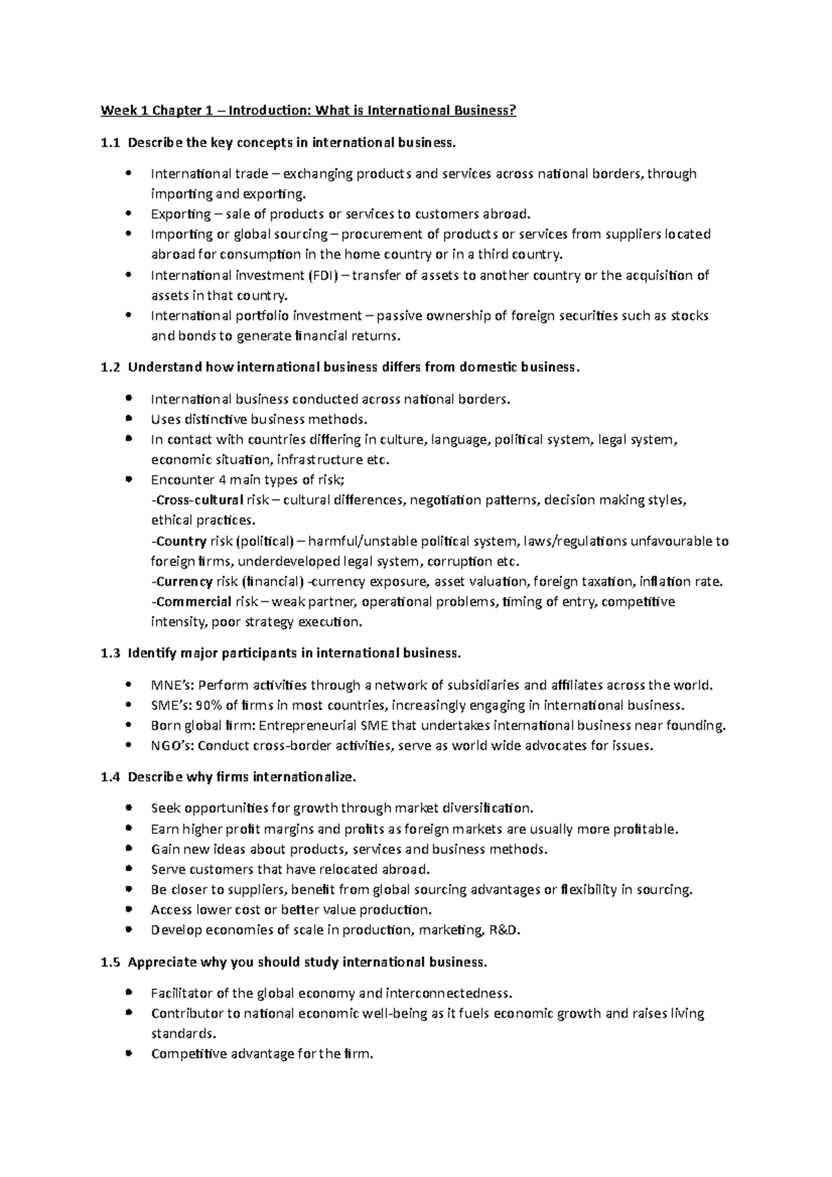 Bus202 notes - Week 1 Chapter 1 – Introduction: What is International ...