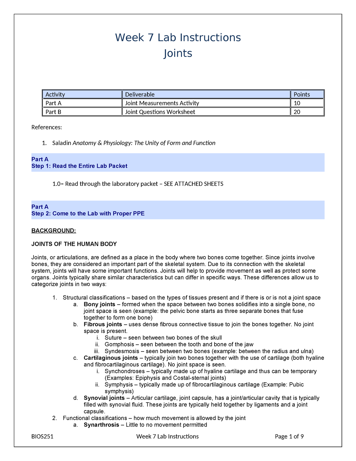 BIOS251 W7 Lab Instructions-1 - Week 7 Lab Instructions Joints Activity ...