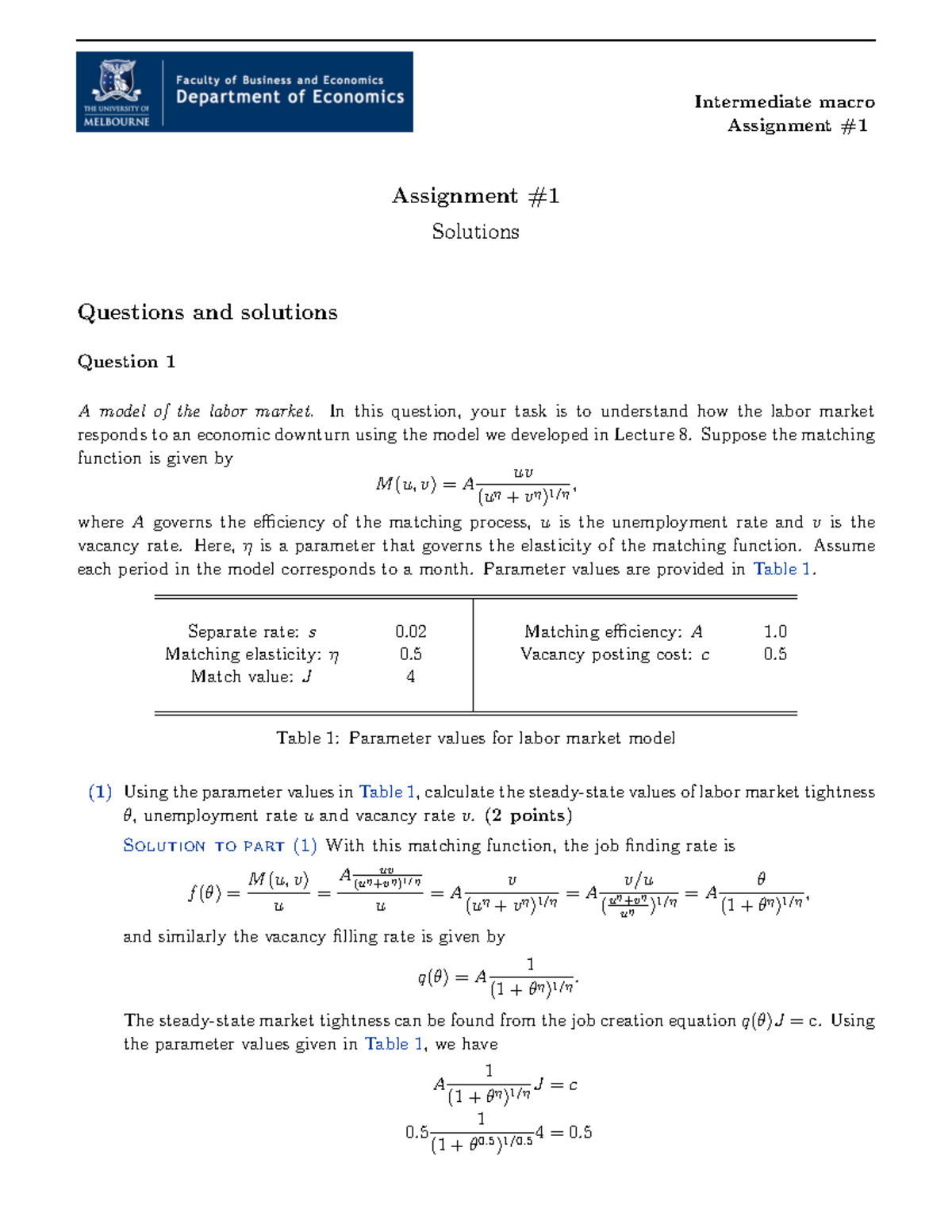 Assignment 1 Solutions - Intermediate Macro Assignment # Assignment ...