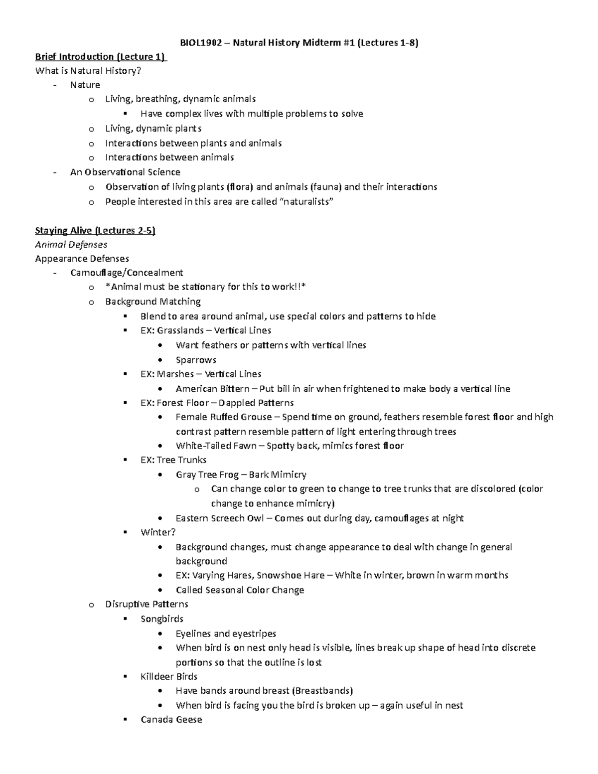 BIOL 1902 Notes 2 - Midterm 2 - BIOL1902 – Natural History Midterm #1 ...