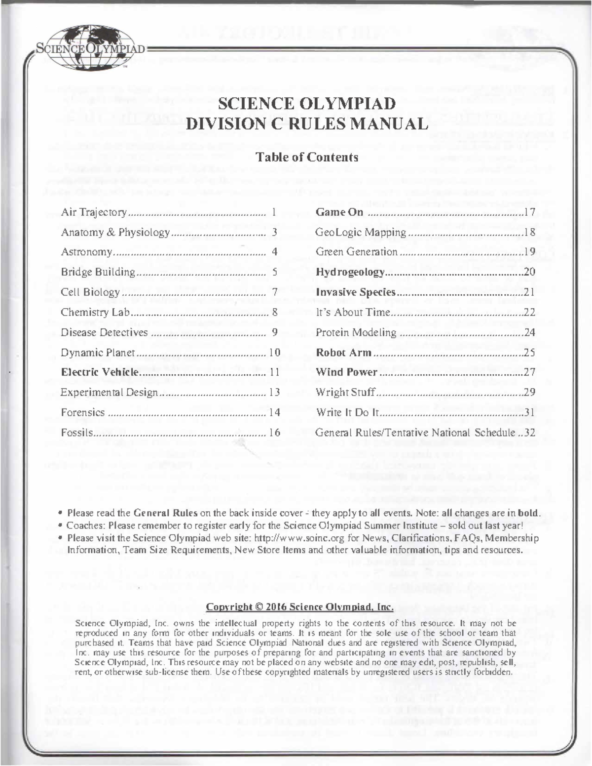 Science Olympiad Division C Rules Manual 038 Rules 2016 all events