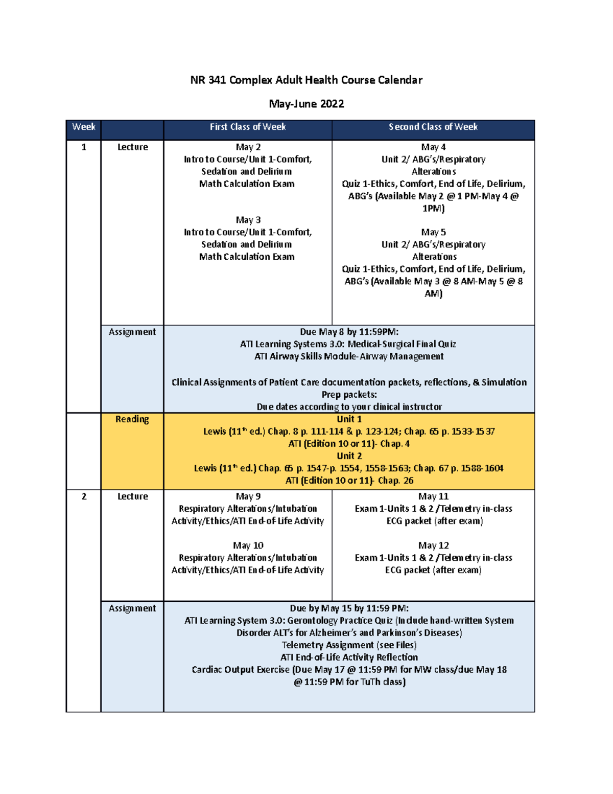 NR 341 Course Calendar May June 2022 - NR 341 Complex Adult Health ...