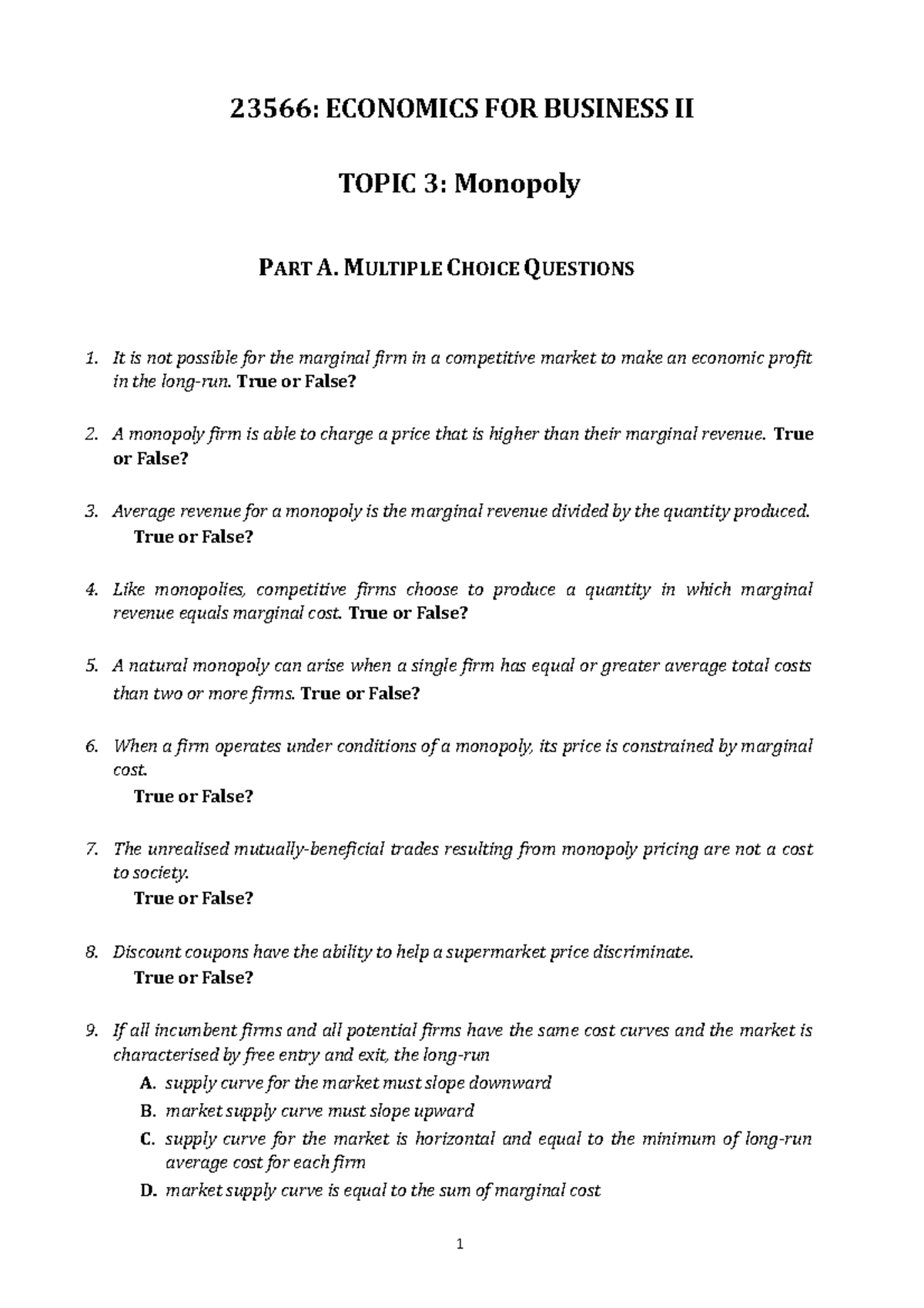 Week 4 Tutorial - 23566: ECONOMICS FOR BUSINESS II TOPIC 3: Monopoly ...