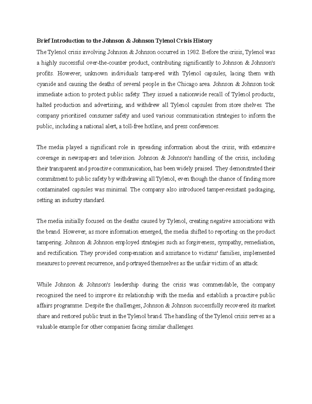 Crisis Management Plan for J&J Brief Introduction to the Johnson