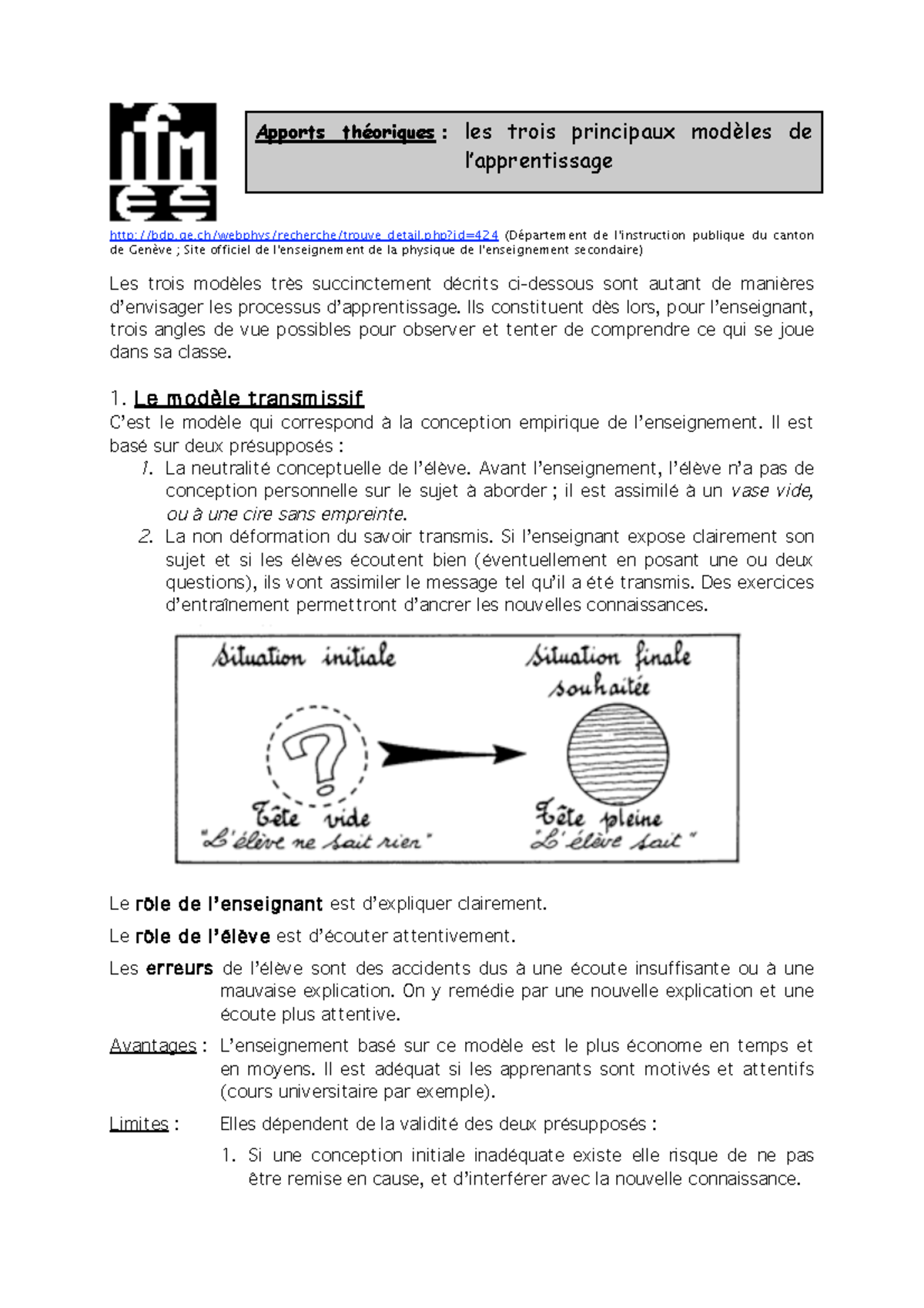 Docimologie M2 Les trois modèles pricipeaux de lapprentissage Déposé ...