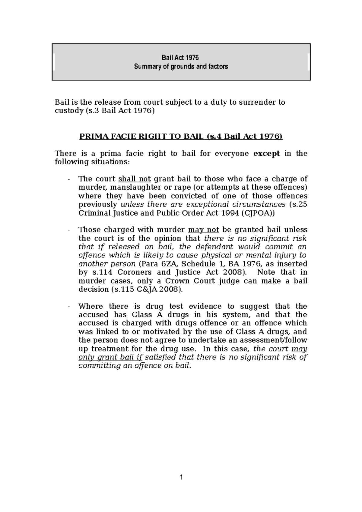 Bail Act Summary Updated Bail Act 1976 Summary of grounds and factors