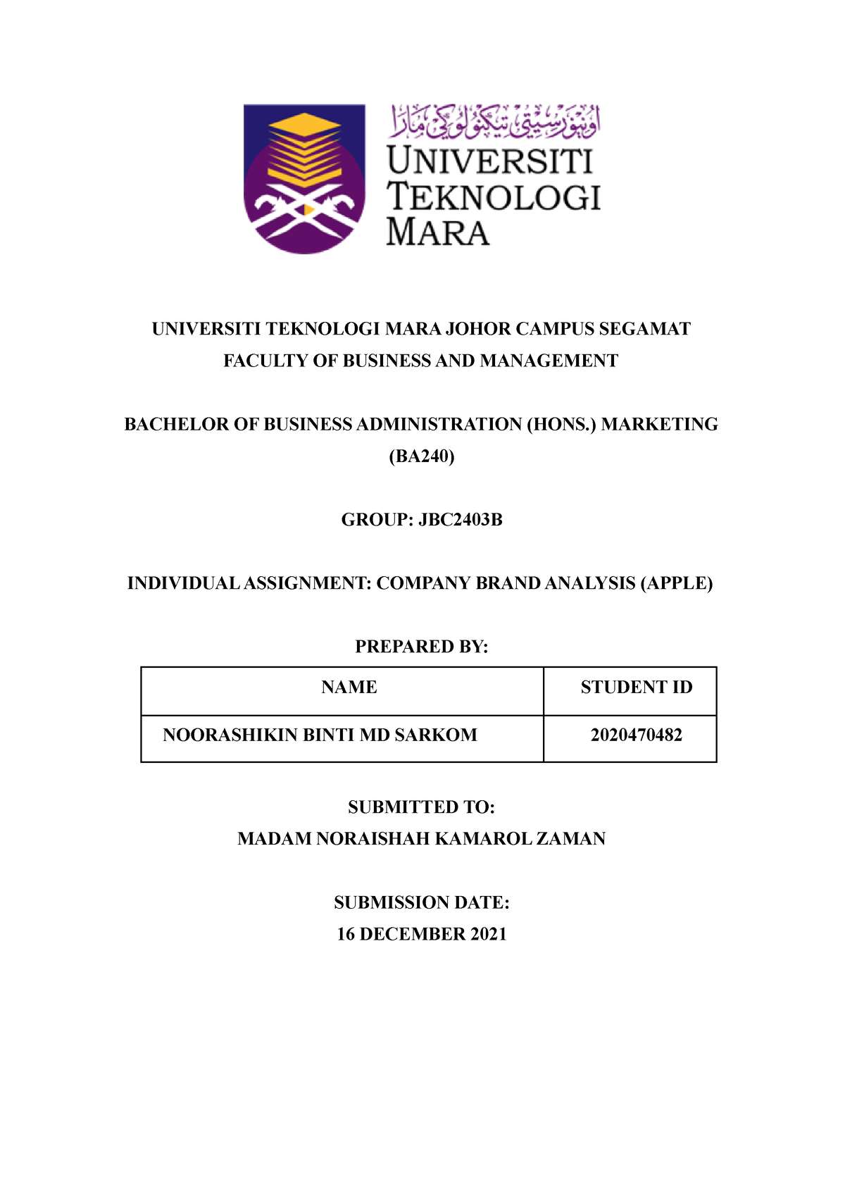 BRAND MANAGEMENT Brand Analysis for Apple Company - UNIVERSITI ...