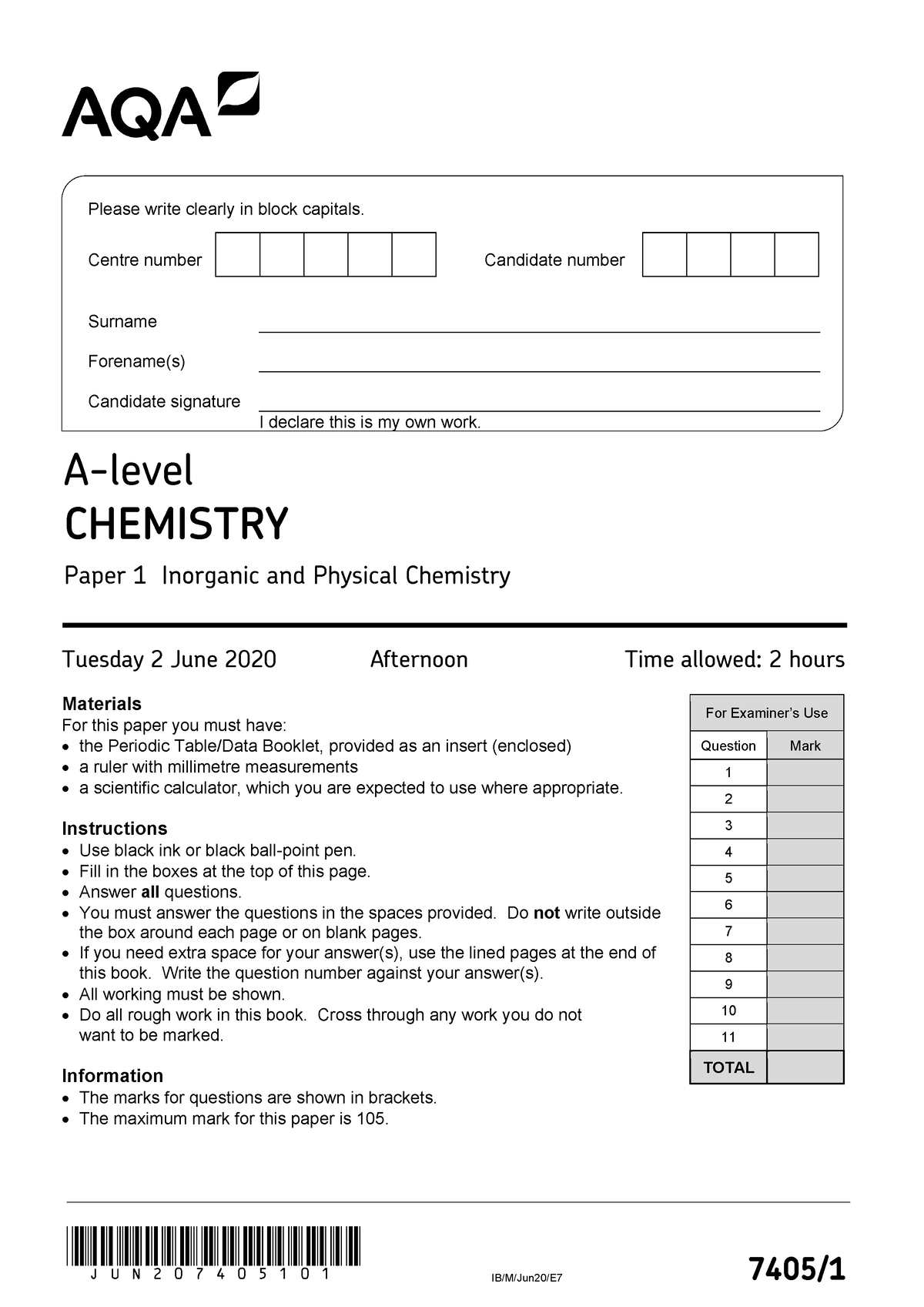 AQA A Level NOV2020 Chemistry Paper 1 QP - JUN207405101 IB/M/Jun20/E7 ...