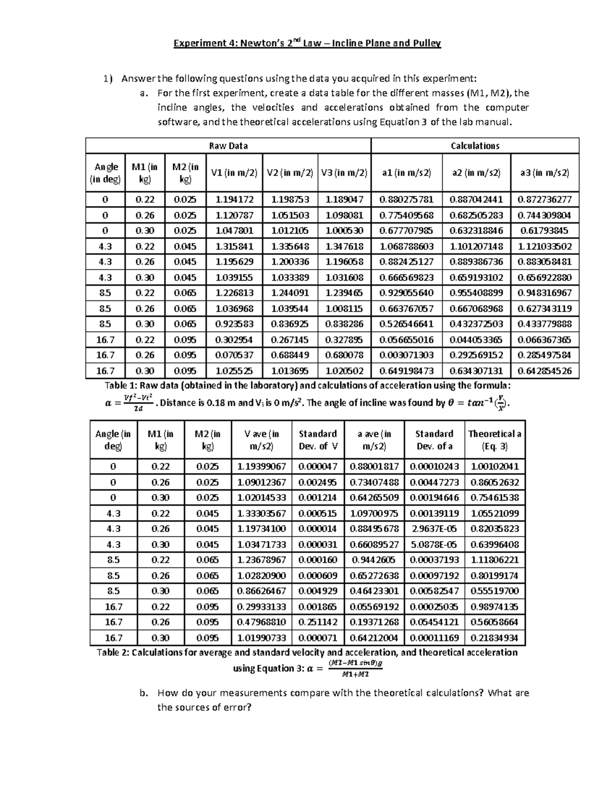 Lab04 Lab Report Experiment 4 Newton’s 2nd Law Incline Plane and Pulley 1) Answer the