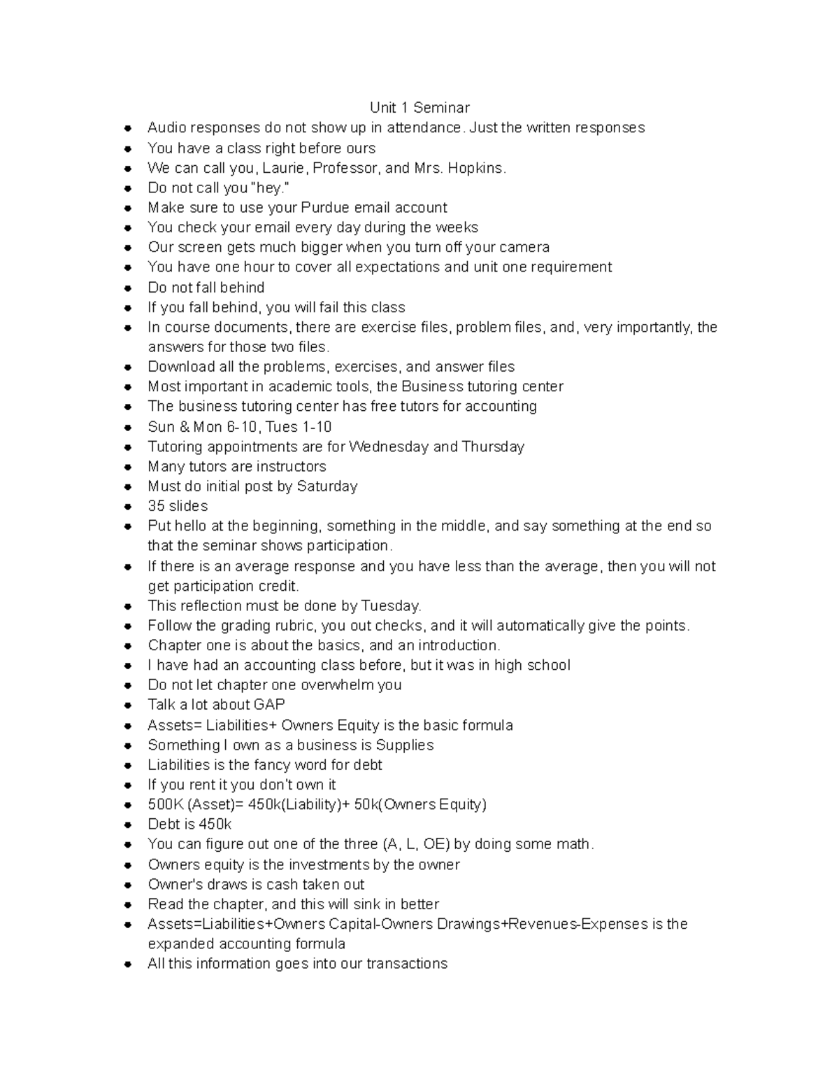 Unit 1 AC114 Seminar Notes Unit 1 Seminar Audio Responses Do Not Show