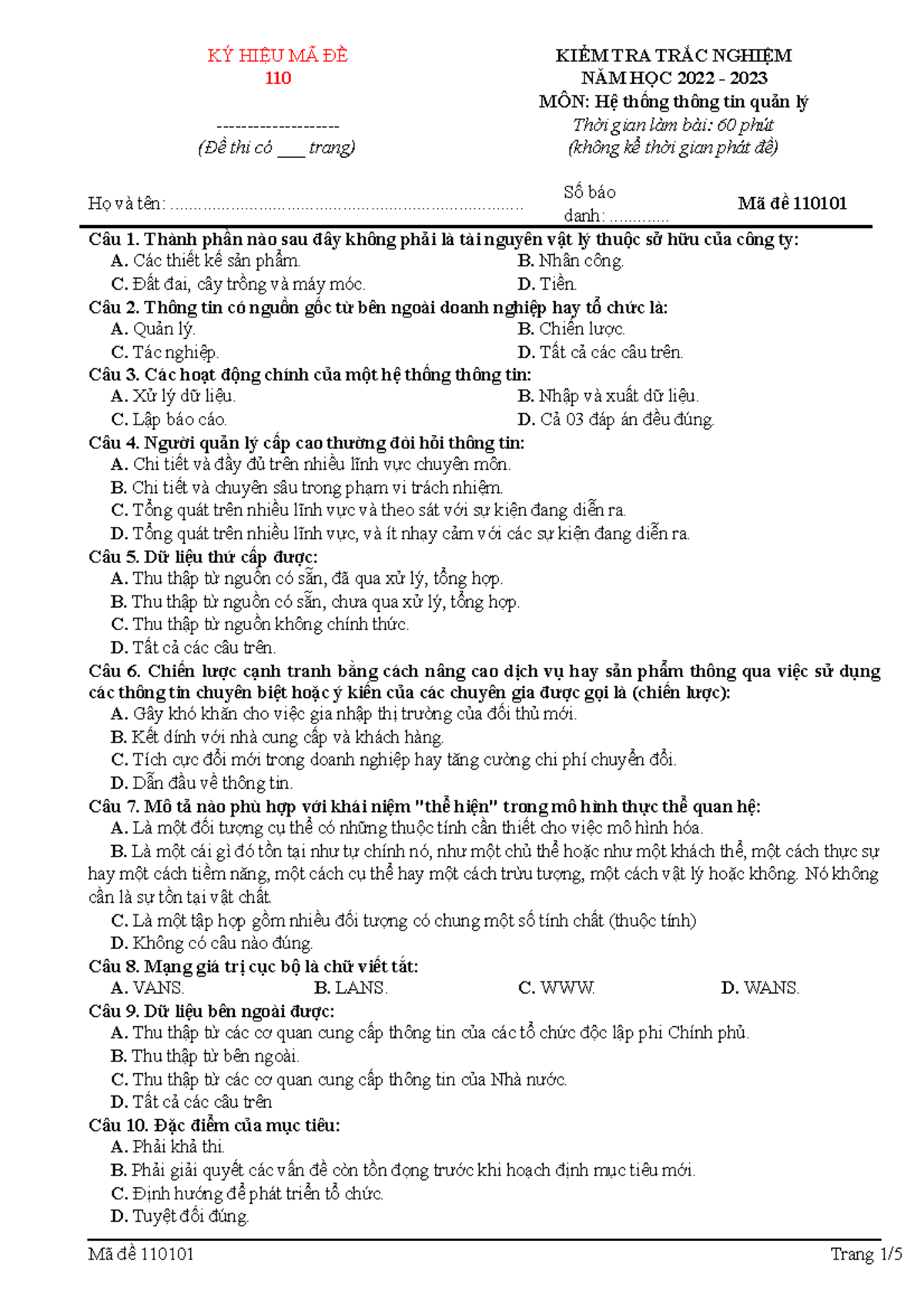 Ma de 110101 - KÝ HIỆU MÃ ĐỀ 110 - (Đề thi có ___ trang) KIỂM TRA TRẮC ...