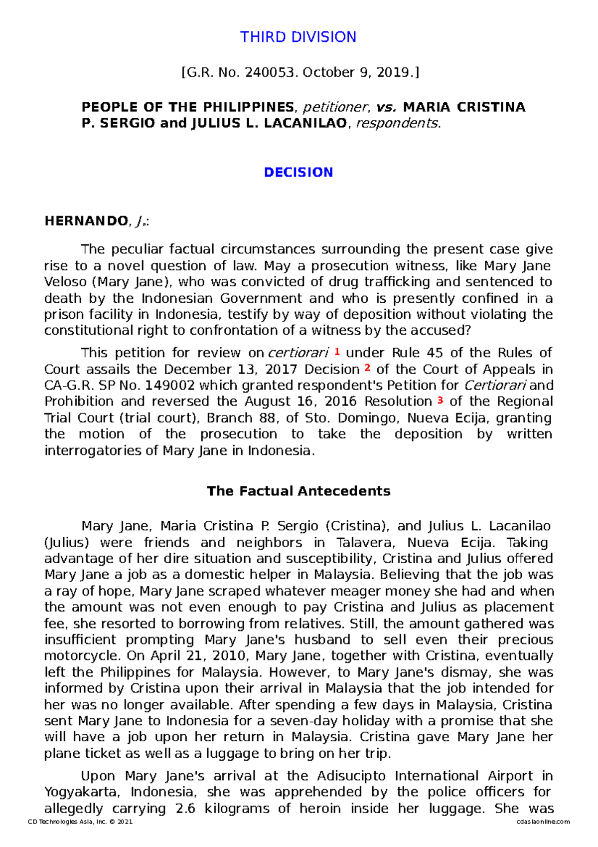 People V. Sergio - Justice Hernando Cases For 2023 Bar - THIRD DIVISION ...