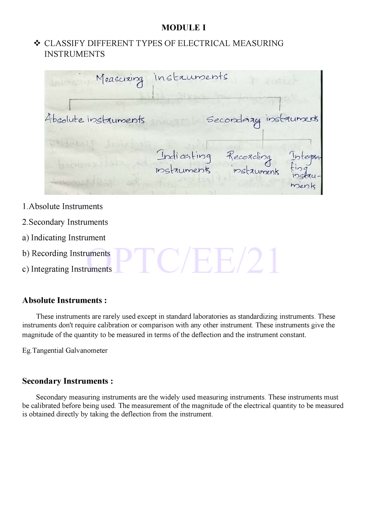 Module 1 - MODULE I CLASSIFY DIFFERENT TYPES OF ELECTRICAL MEASURING ...