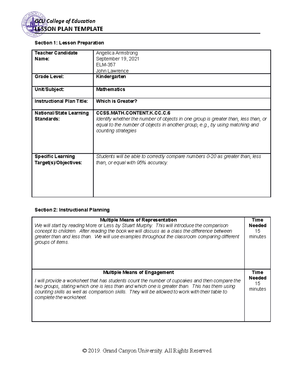 Topic Five Observation and Lesson Plan AArmstrong - GCU College of ...