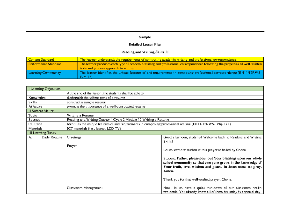 Sample Detailed Lesson Plan - Sample Detailed Lesson Plan Reading and ...