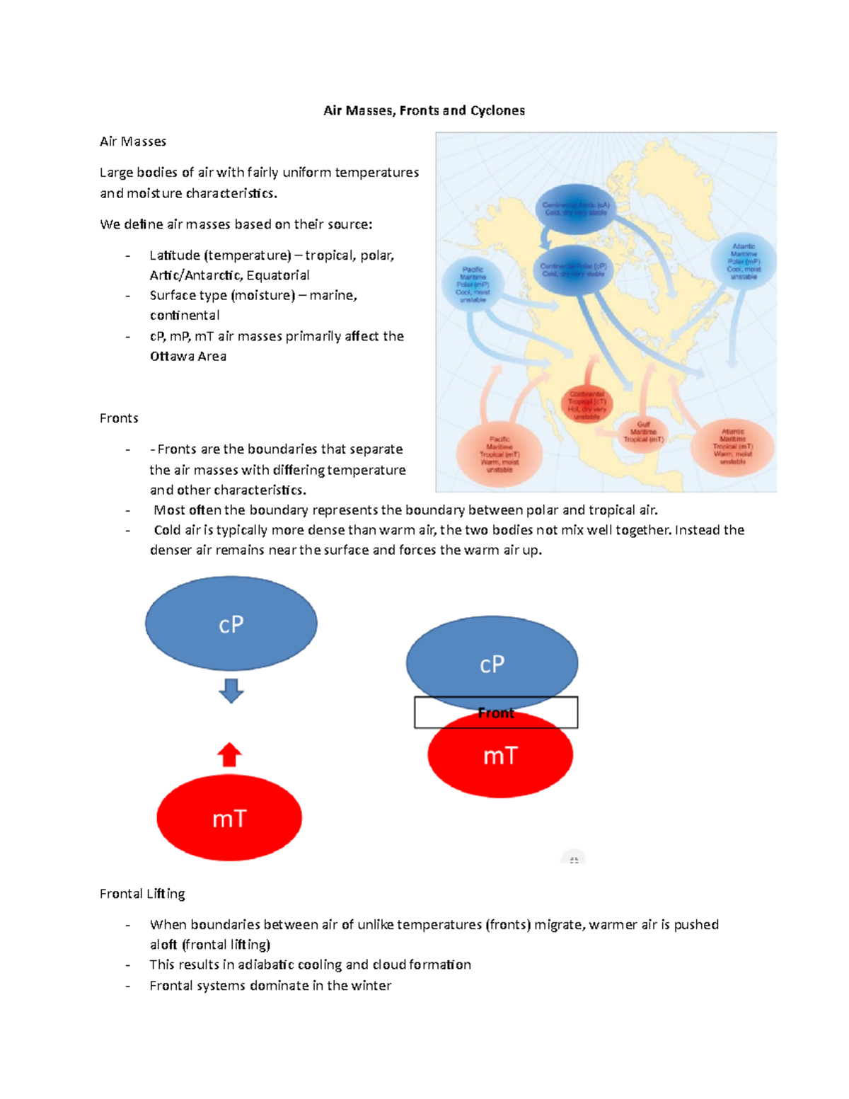 Air Masses, Fronts and cyclones notes Air Masses, Fronts and Cyclones