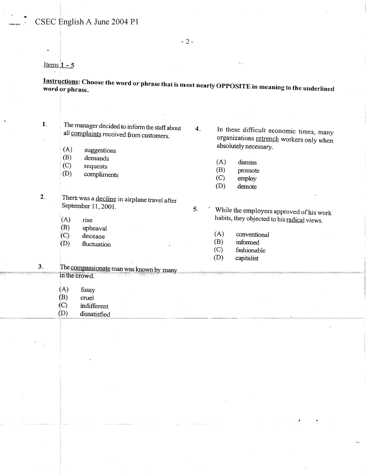 CSEC English A June 2004 P1 CXC CSEC Paper oto The Manager Decided To Inform The Staffabout