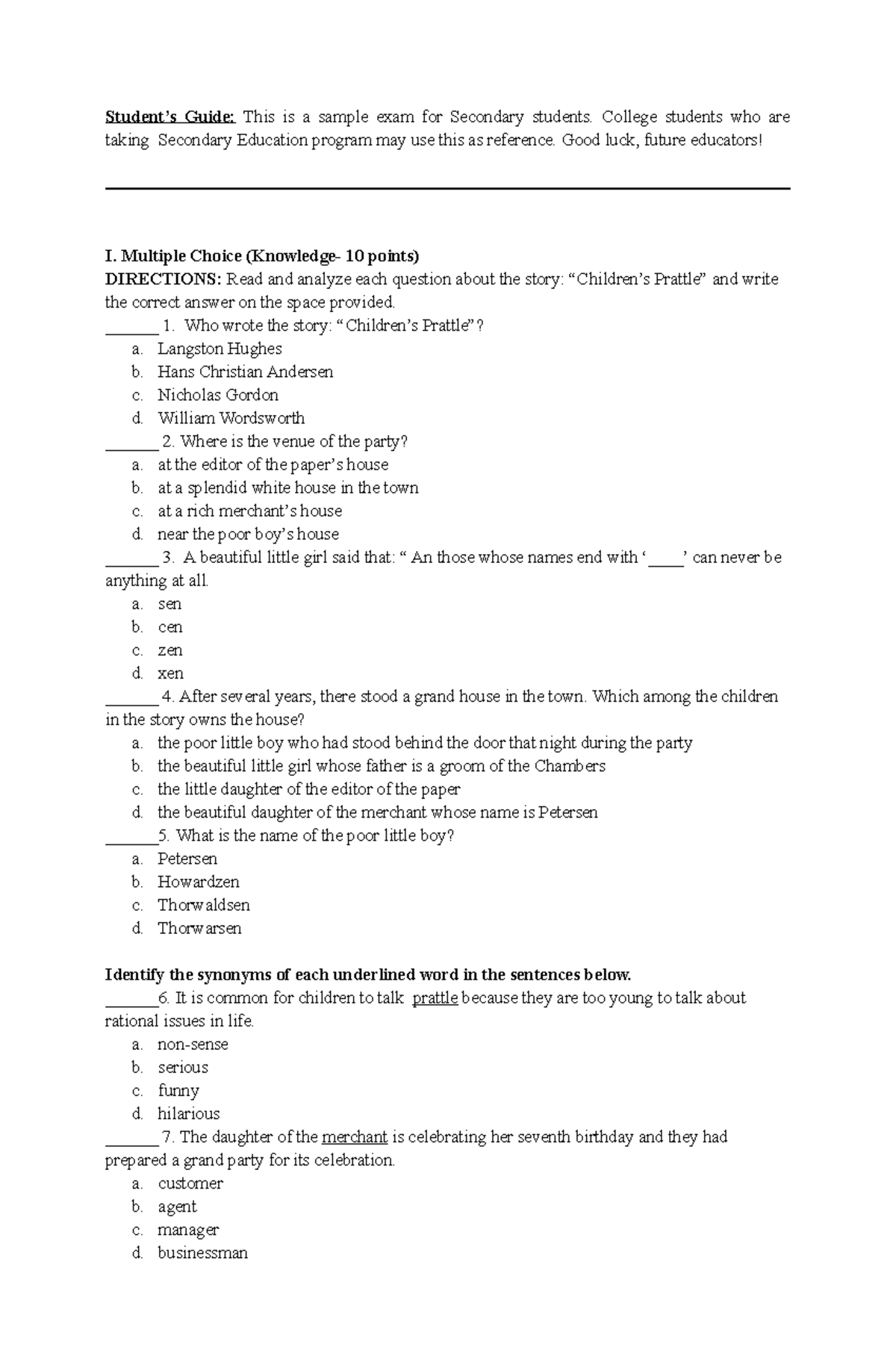Sample LONG TEST FOR Secondary Education - Student’s Guide: This is a ...