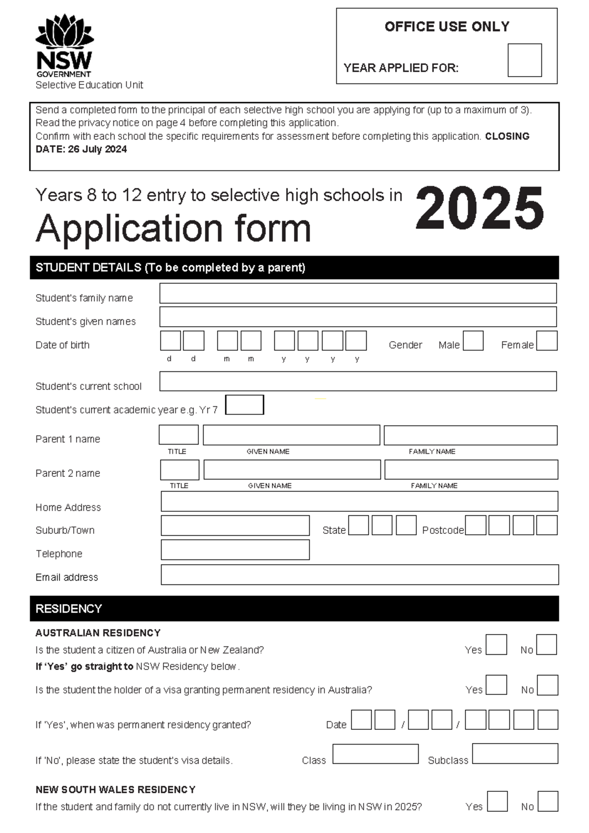 Years 8-12 Application Form for entry in 2025 Do E - Selective ...