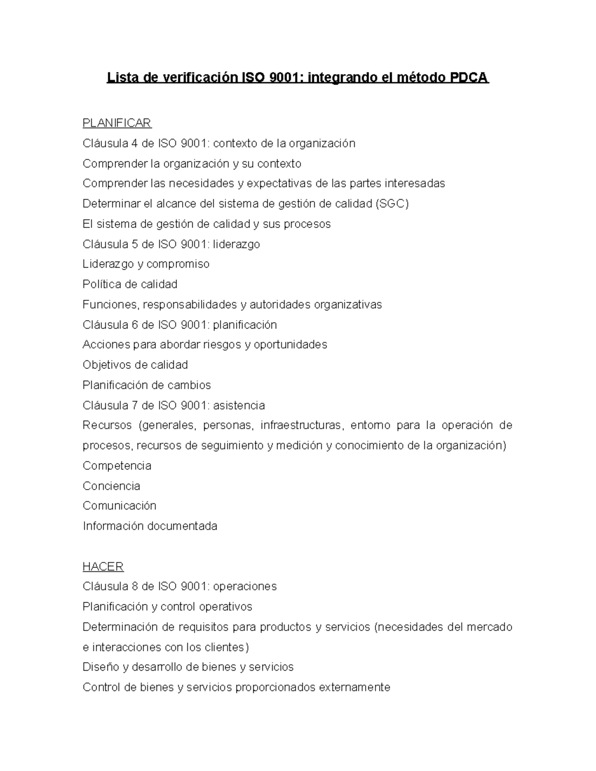 Lista de verificación ISO 9001 - Studocu