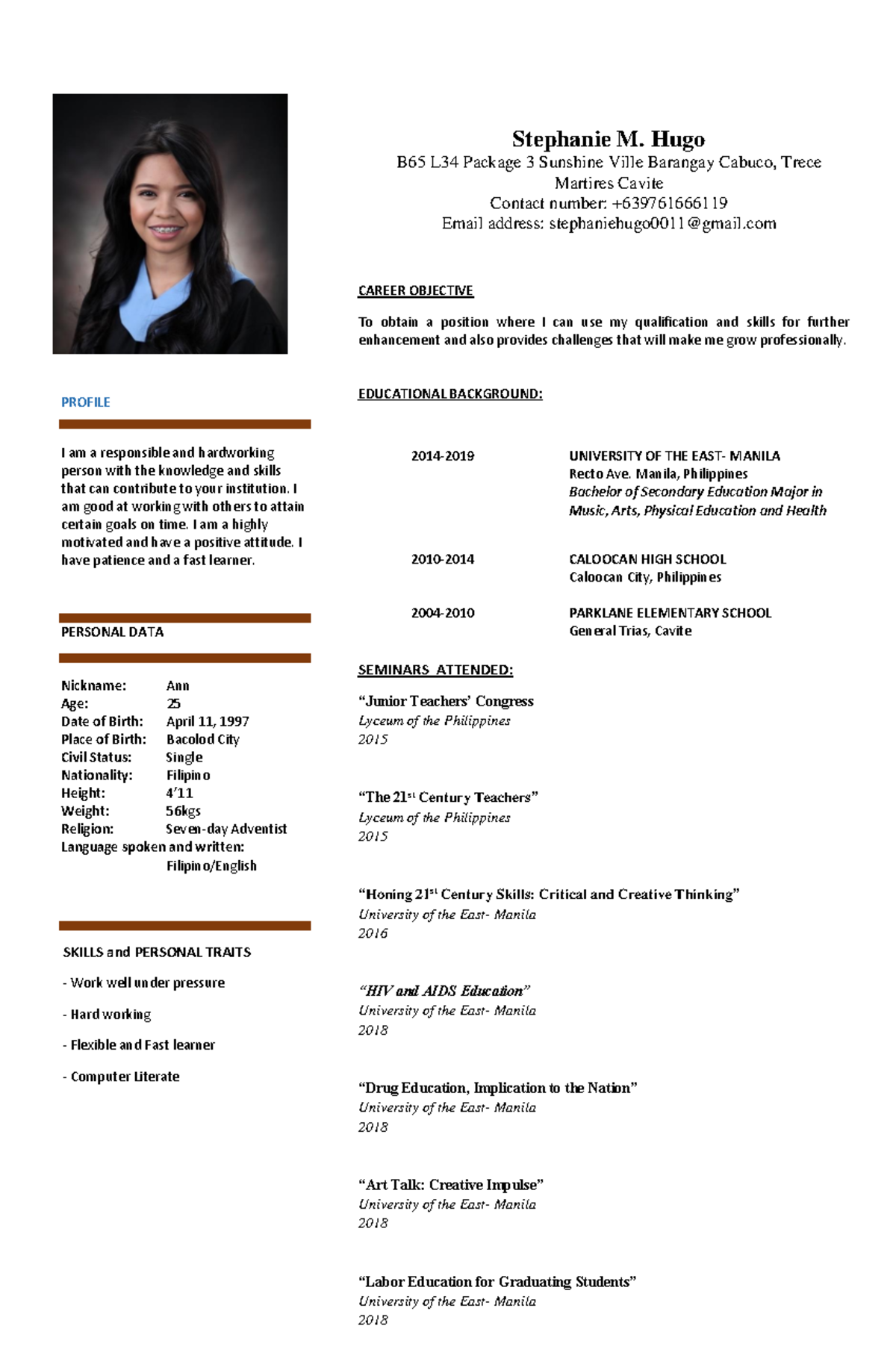 Resumesample - resume - PROFILE I am a responsible and hardworking ...