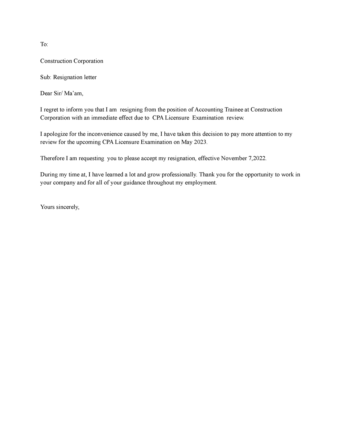 Resig copy - To: Construction Corporation Sub: Resignation letter Dear ...