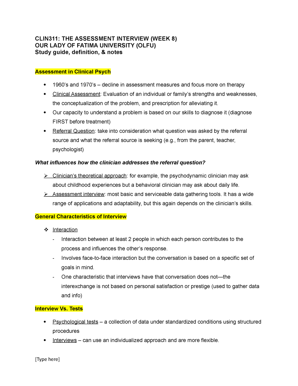 CLIN311 The Assessment Interview OLFU PH Study Guide - CLIN311: THE ...