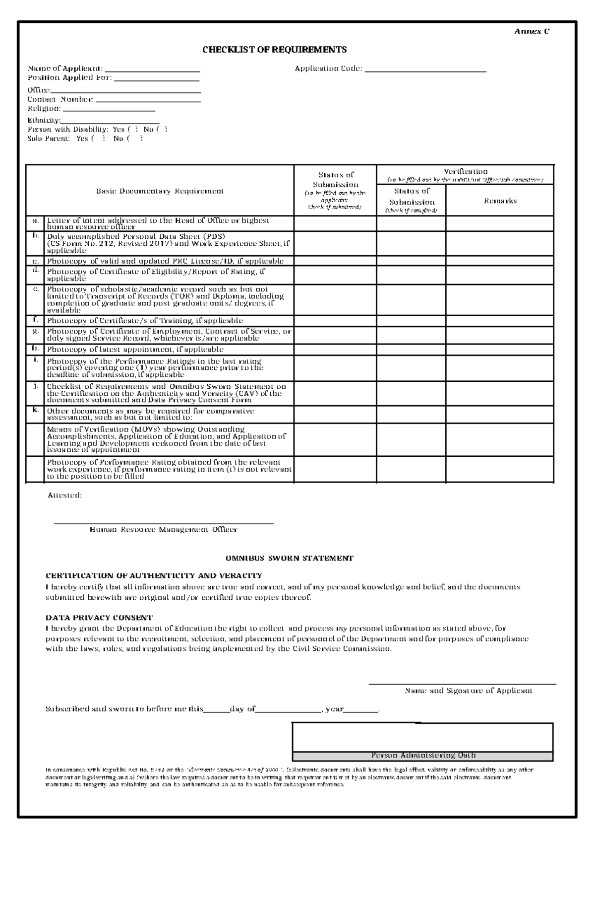 Omnibus Sworn Statement for Teacher - Annex C CHECKLIST OF REQUIREMENTS ...