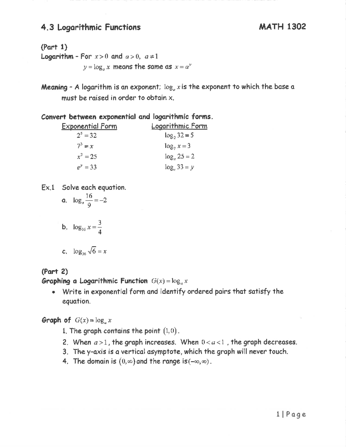 College Algebra Chapter 4.3 - 4 Logarithmic Functions MATH 1302 (Part 1 ...