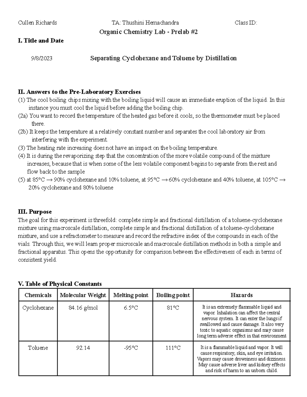 Pre-Lab O Chem Lab #2 - Lectures Notes - Cullen Richards TA: Thushini ...