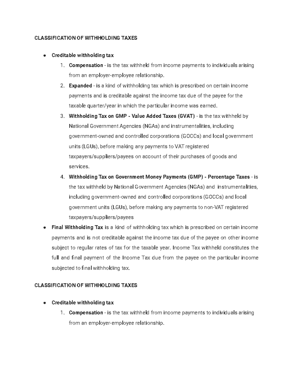 Withholding TAX - CLASSIFICATION OF WITHHOLDING TAXES Creditable