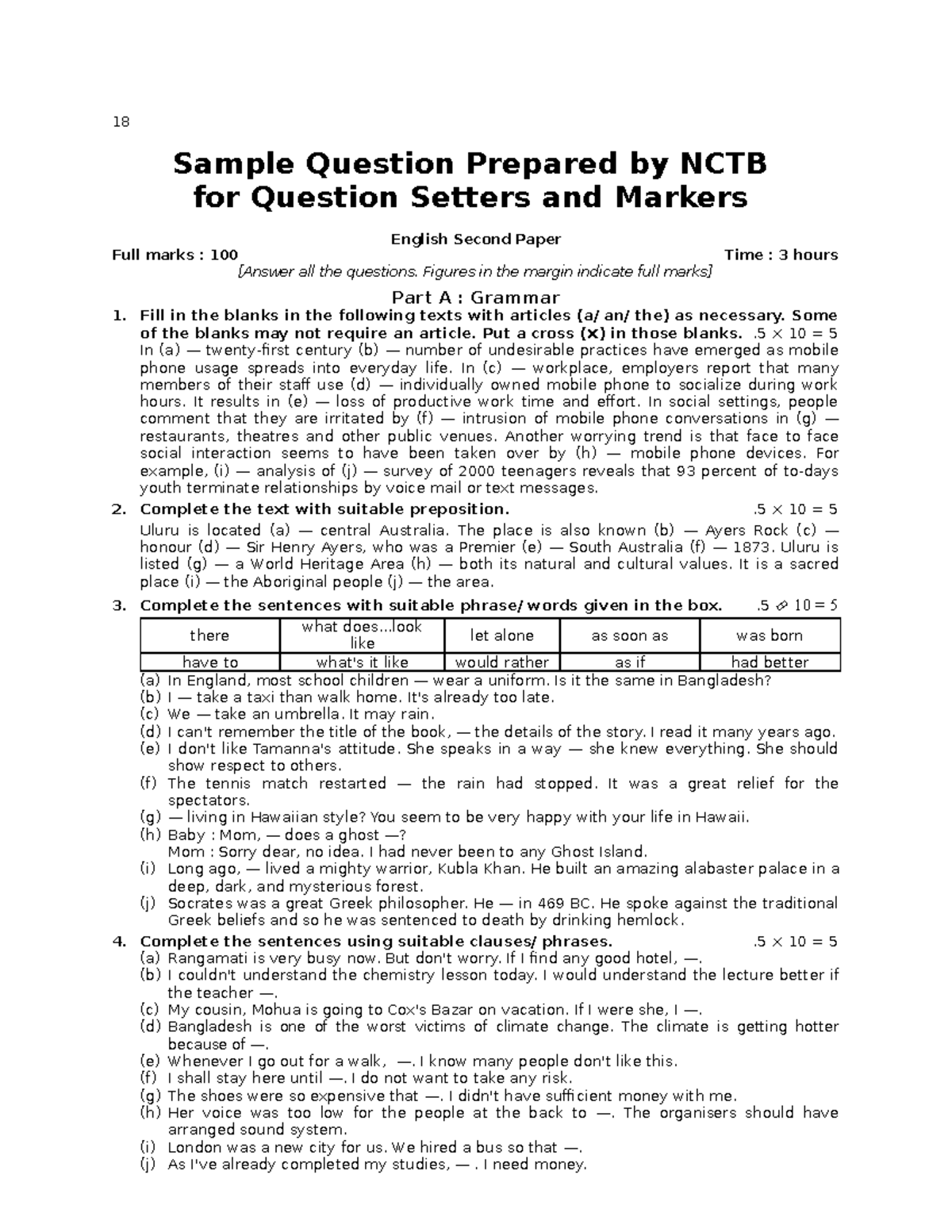 4. NCTB Sample Question Sample Question Prepared by NCTB for Question