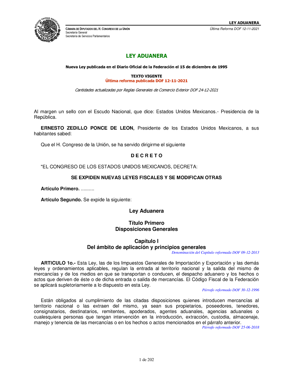 Ley aduanera C¡MARA DE DIPUTADOS DEL H. CONGRESO DE LA UNI”N