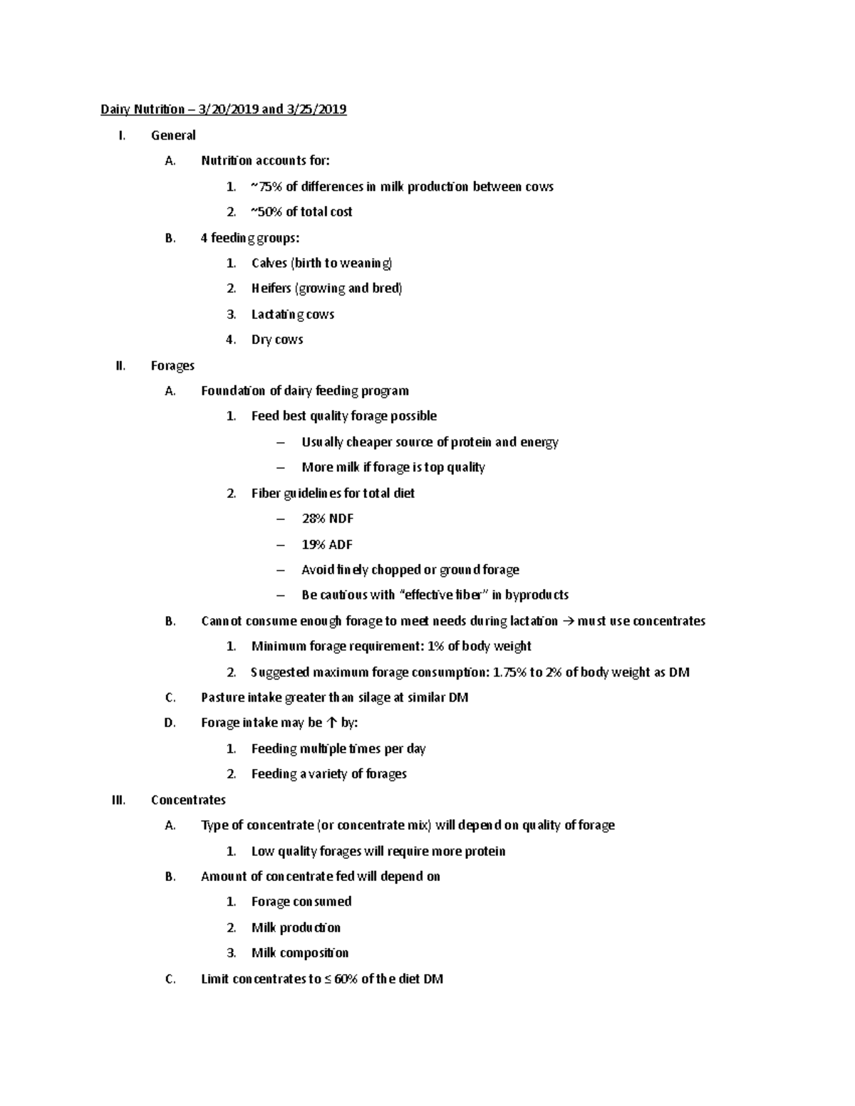 AS 319 - Dairy Nutrition Lecture Notes - Dairy Nutrition – 3/20/2019 ...