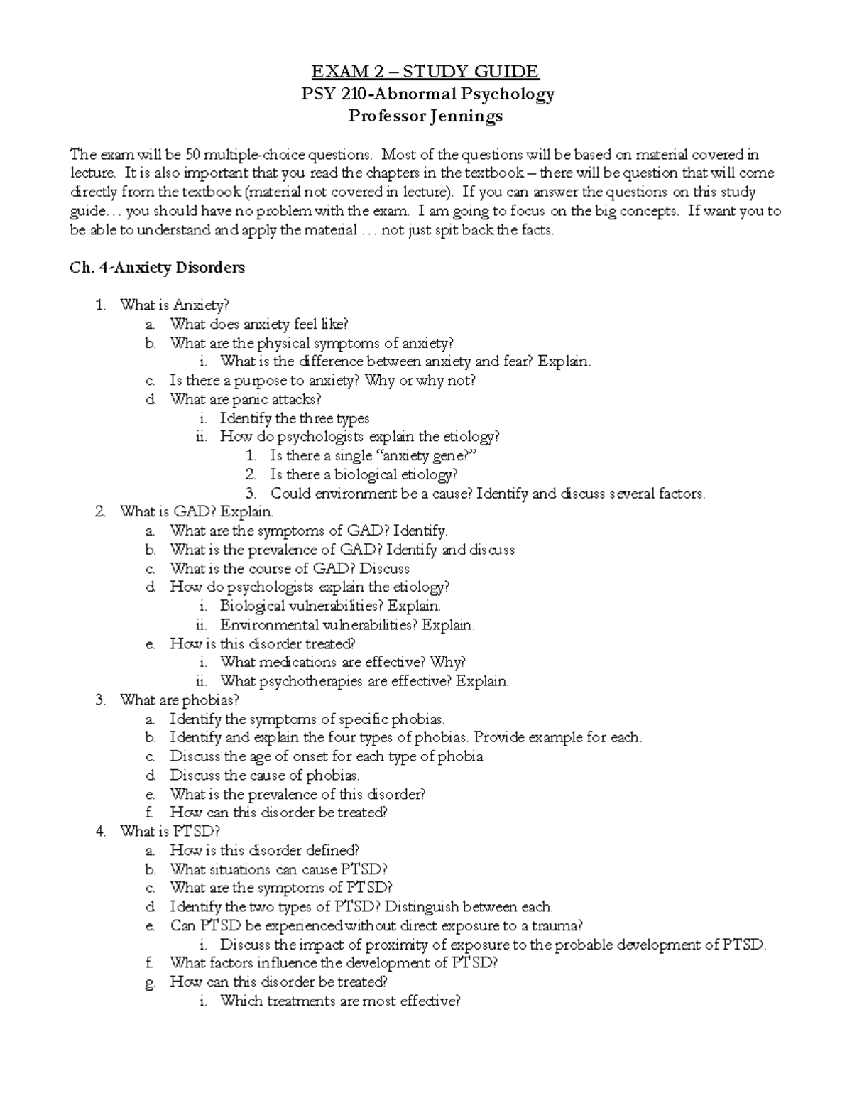 Study Guide-Exam2 000 - EXAM 2 ñ STUDY GUIDE PSY 210-Abnormal ...