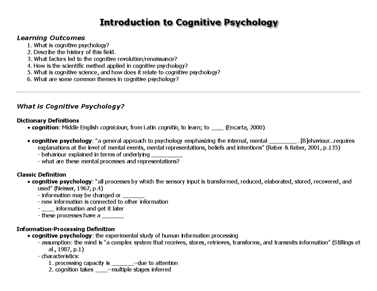 Lecture 1 Notes - Introduction To Cognitive PsychologyIntroduction To ...