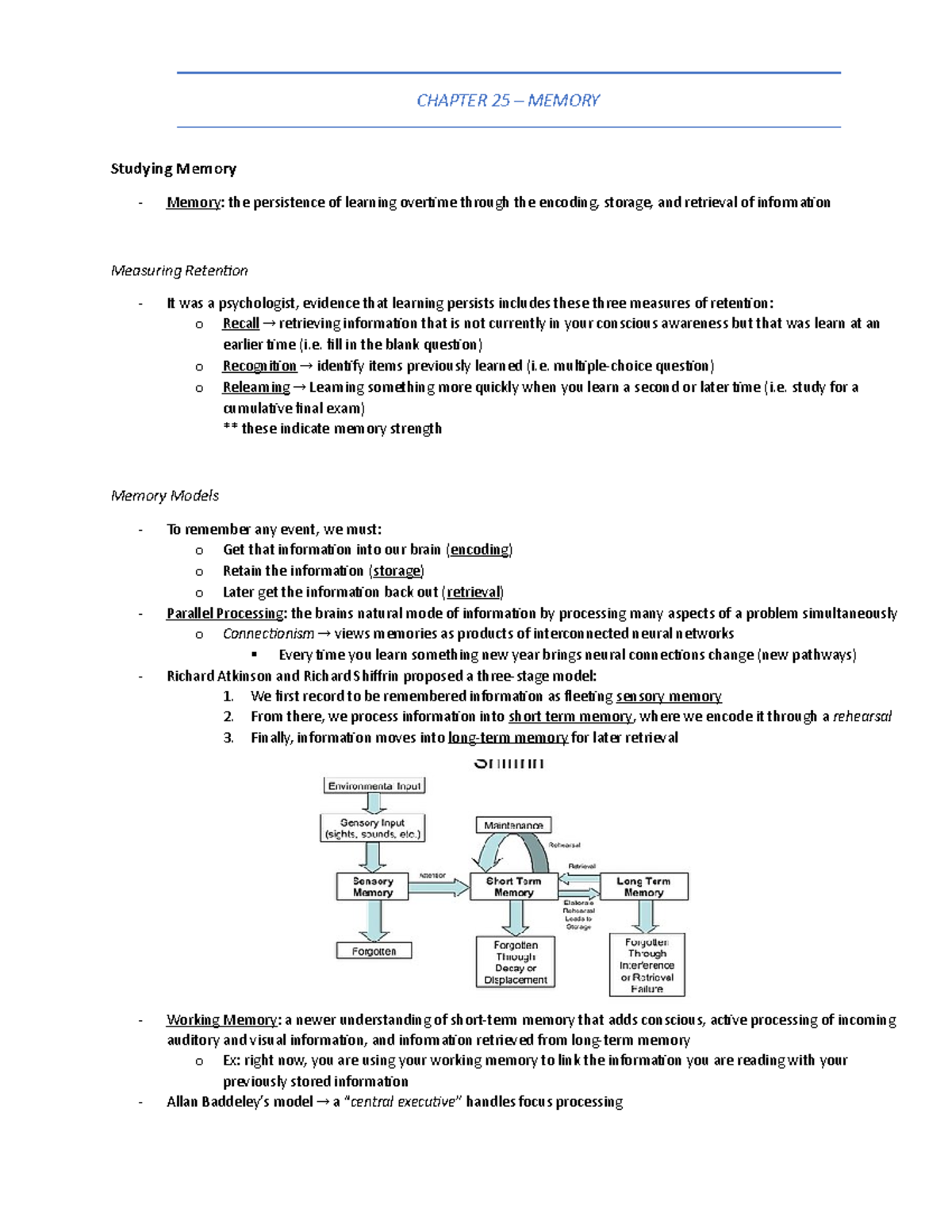 Memory - CHAPTER 25 – MEMORY Studying Memory Memory : the persistence ...
