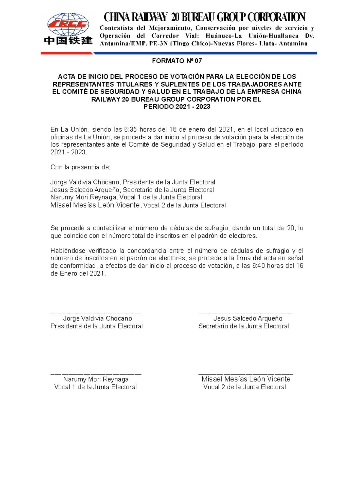 6 acta inicio proceso CR 20 - FORMATO Nº 07 ACTA DE INICIO DEL PROCESO ...