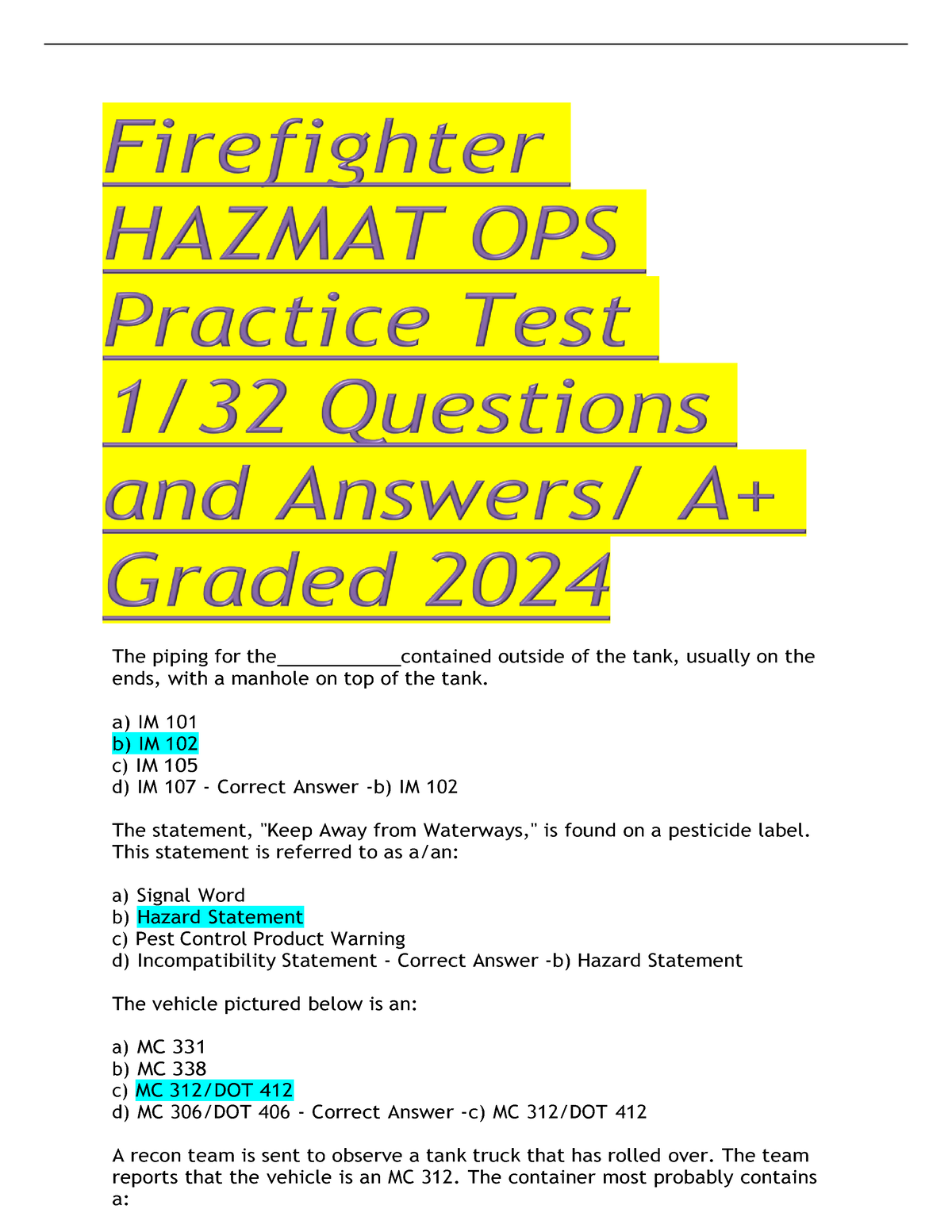 Firefighter Hazmat OPS Practice Test 132 Questions and Answers A+