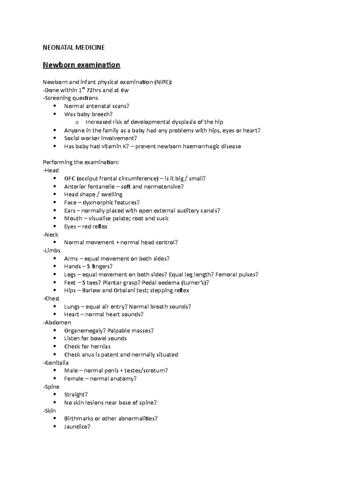Neonatal Medicine - NEONATAL MEDICINE Newborn examination Newborn and ...