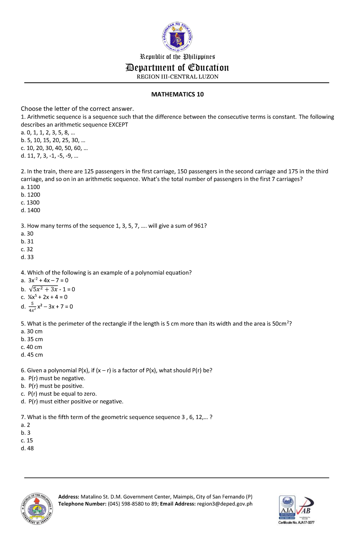 Mathematics 10 Regional Achievement Test Address Matalino St D 