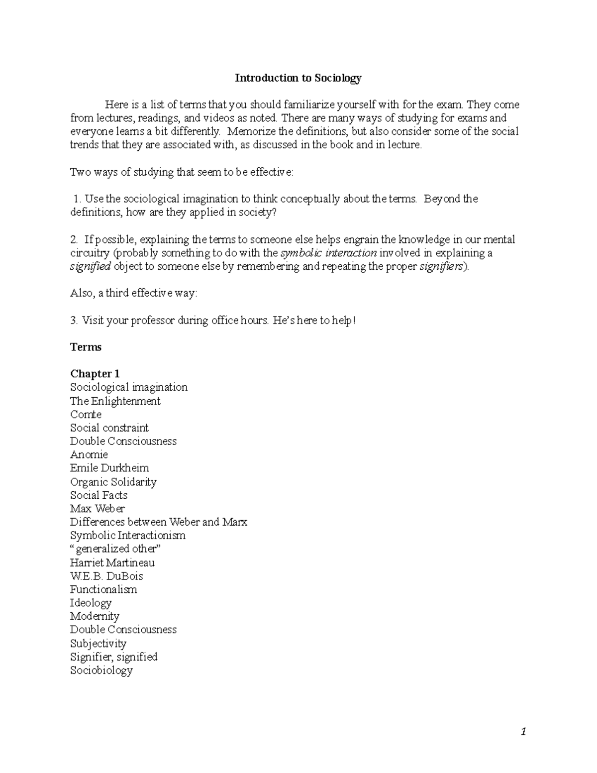 SOC 001 Exam 1 Study Guide - Introduction to Sociology Here is a list ...