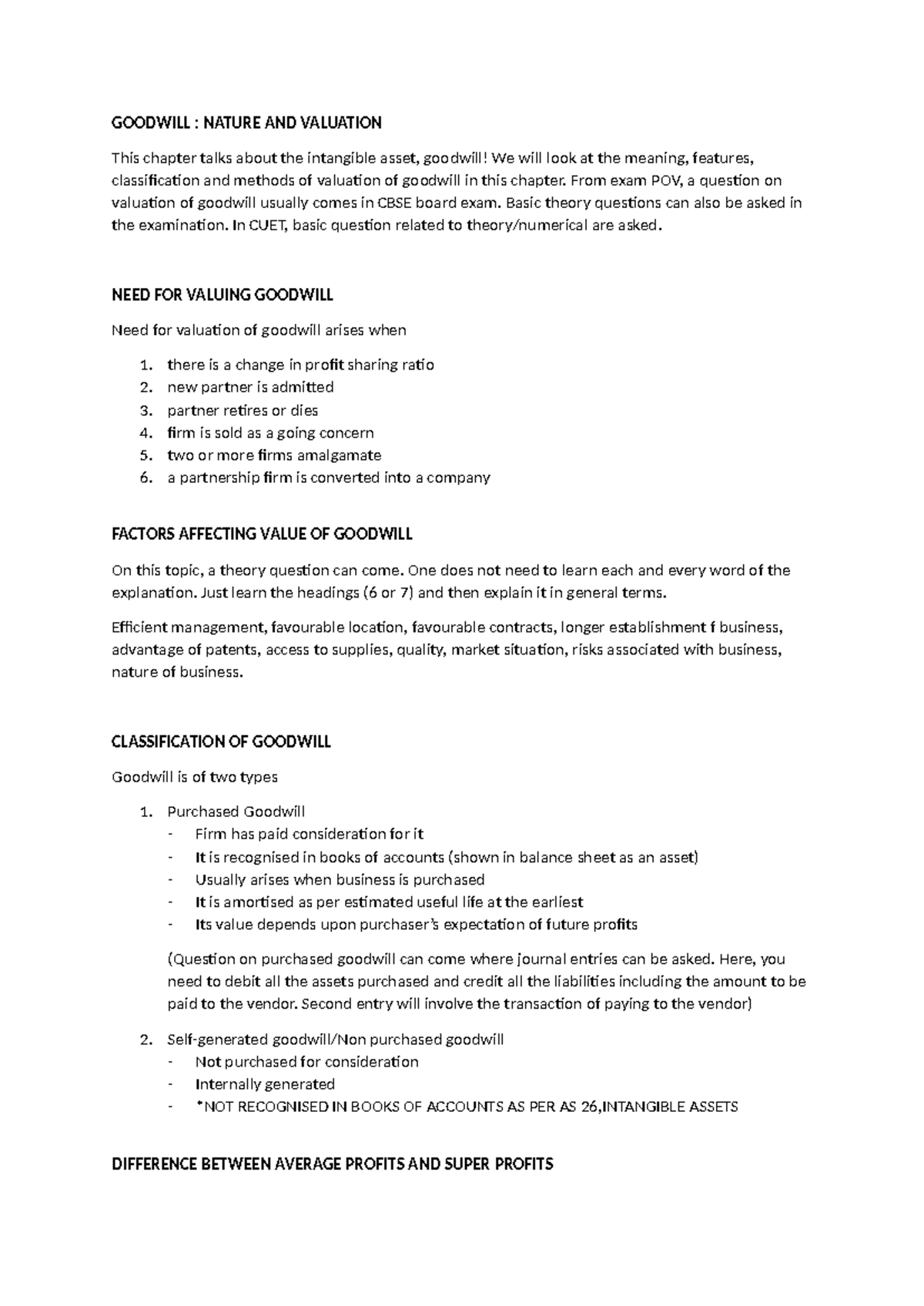 Goodiwll notes - GOODWILL : NATURE AND VALUATION This chapter talks ...