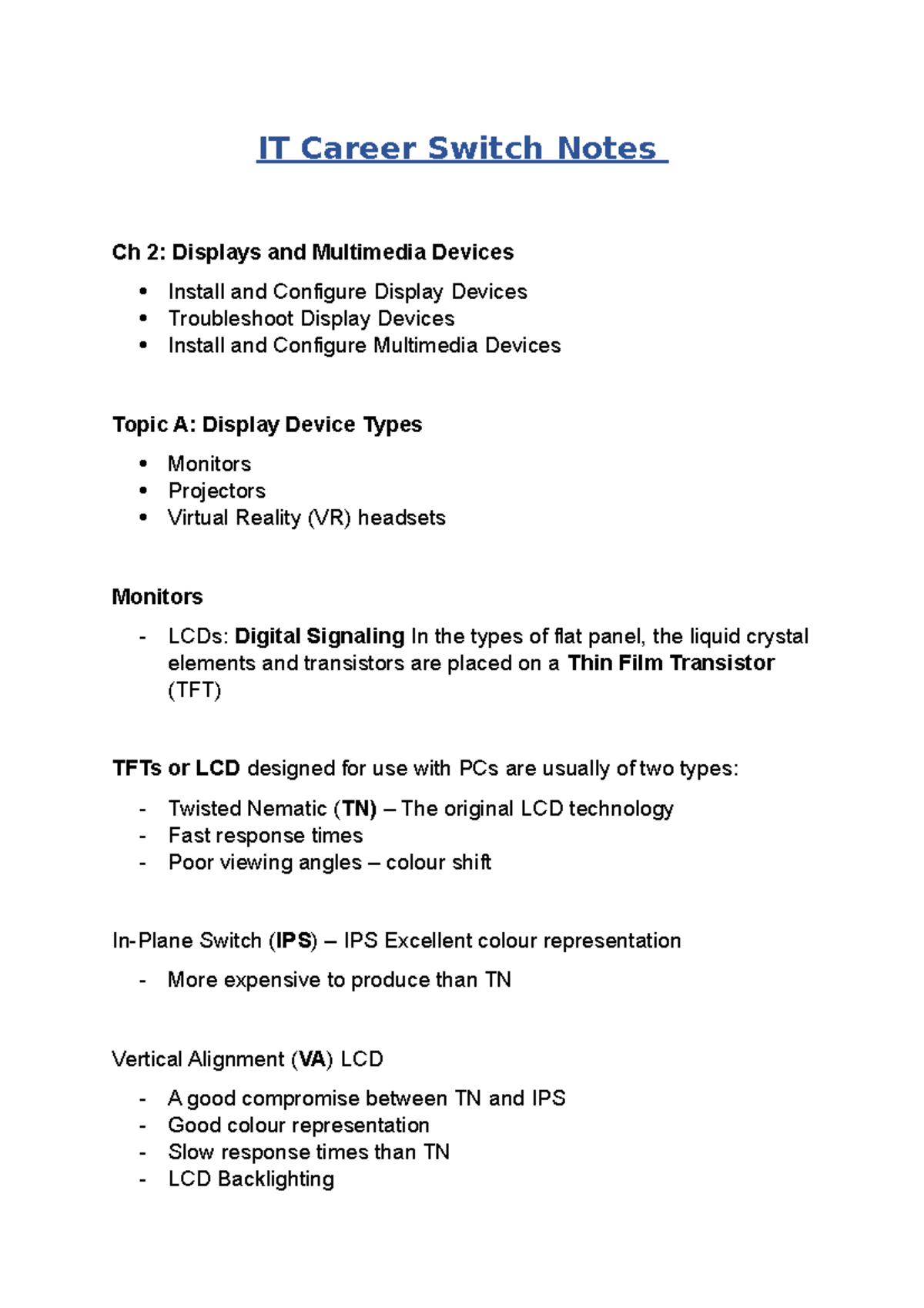 ITCareer Switch Module 2Notes IT Career Switch Notes Ch 2 Displays and Multimedia Devices