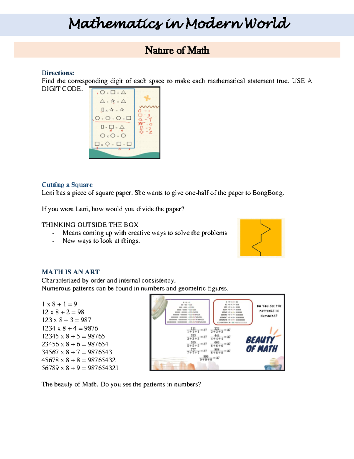 MMW Nature Patterns Directions Find the corresponding digit of each
