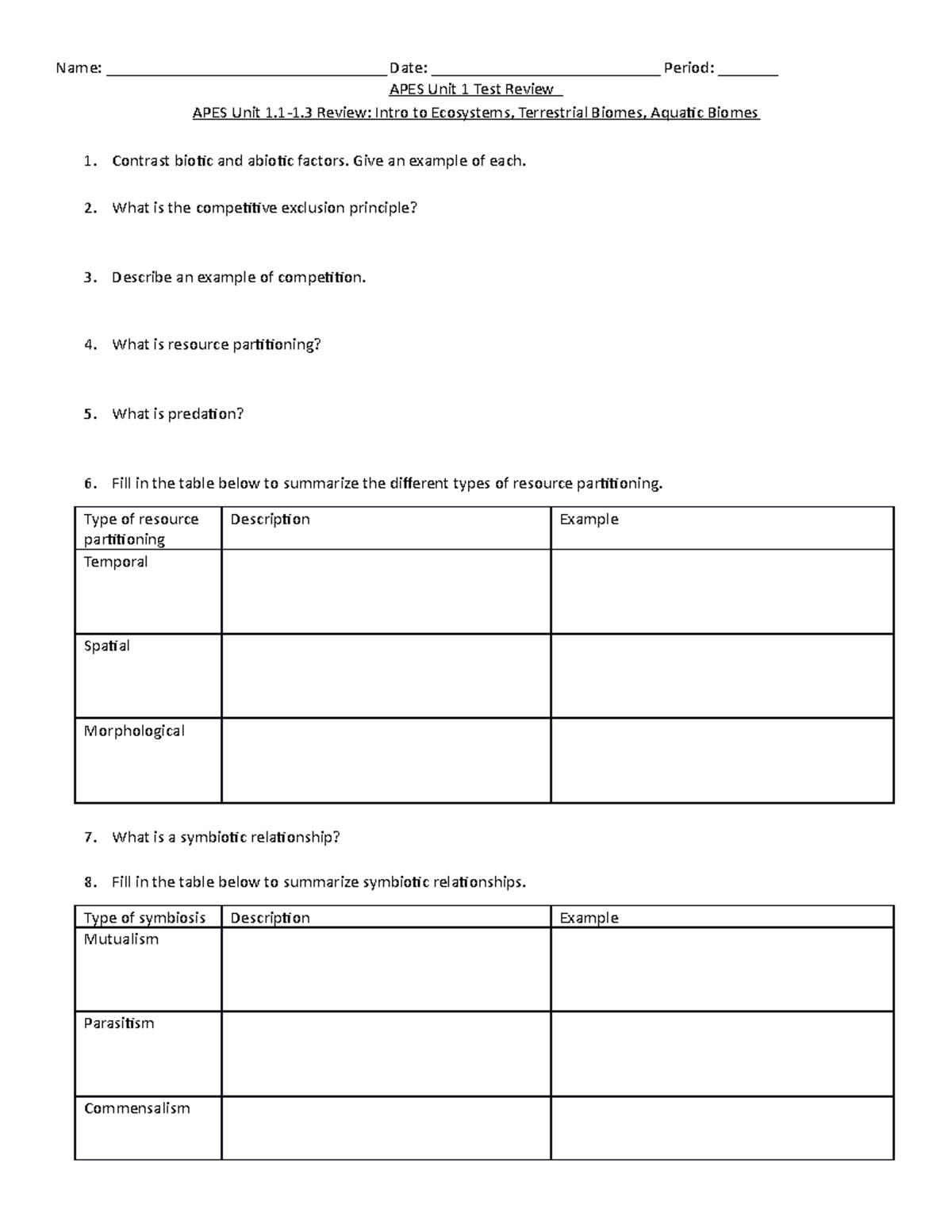 Apes U1 Test Review 2020-2021 - Name ...